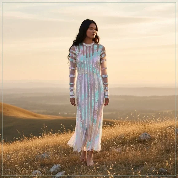 $3750 Temperley London Iridescent Rainbow Sequin Runway Midi Dress